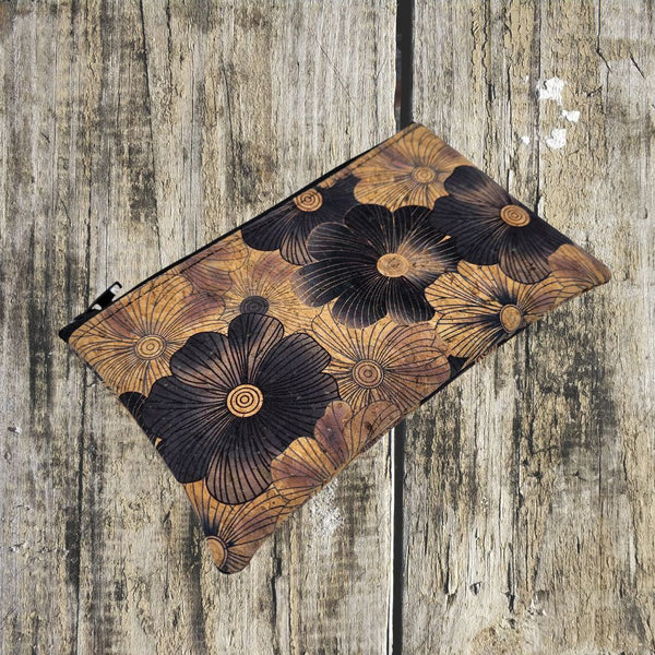 Cork pencil case with black flower pattern