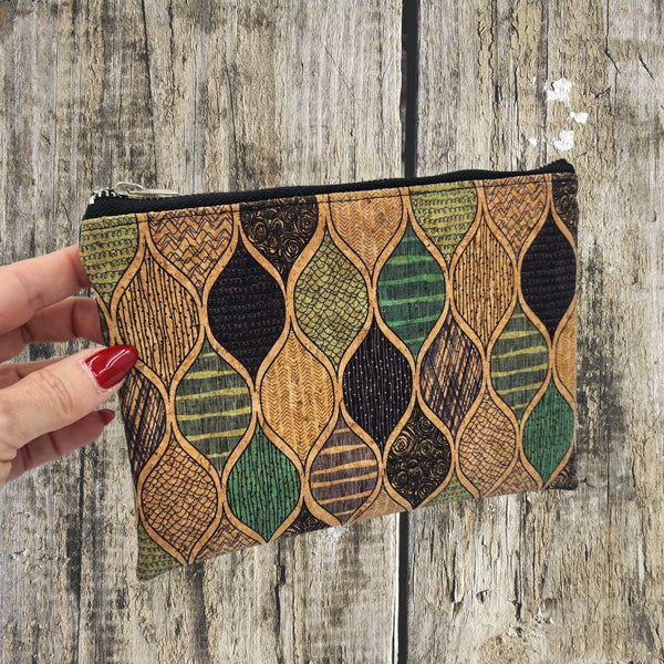 Green patterned cork pencil case