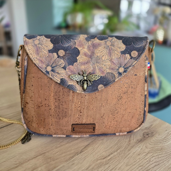 Sac Camélia en Liège fleurs noires et marron