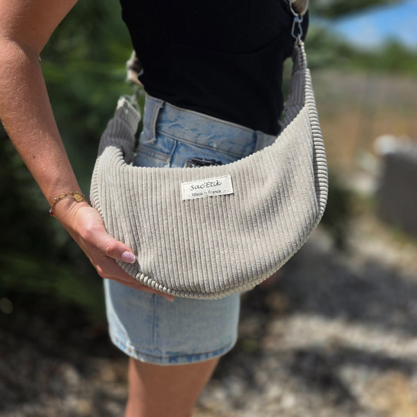 Sac Demi-Lune en Velours Côtelé Beige